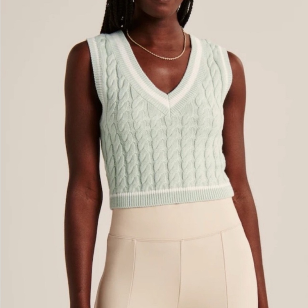 Mint Cable Knit Sweater Vest XS Preppy Coastal Grandma  Minimal Chic